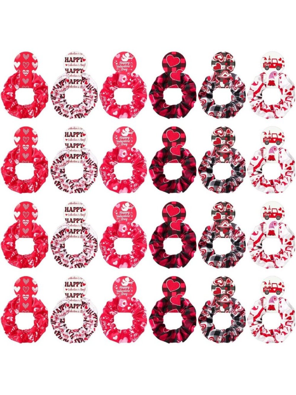 24 Pcs Valentine's Day Hair Scrunchies - Red Heart & Pink Satin Elastic Ties